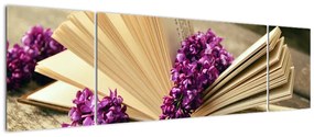 Obraz książki i fioletowych kwiatów (170x50 cm)