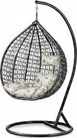 Czarny wiszący fotel KOKON ze stojakiem, beżowa poduszka