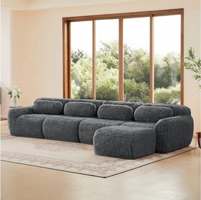 Modułowa Sofa Narożna w tkaninie pluszowej, z pufą i 4 poduszkami, bez stelaża, 378x179x73cm, Szary