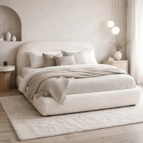 Łóżko Tapicerowane 160x200 cm ROSSO ze Stelażem i Pojemnikiem Dwuosobowe Boucle Kremowe