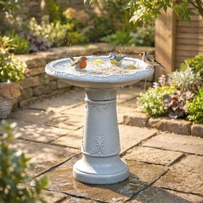 Outsunny Poidło dla ptaków z żywicy, zewnętrzne, okrągłe, 51 cm, imitacja kamienia, stojący karmnik, szare | Aosom PL