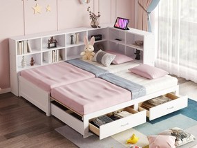 Kanapa rozkładana z litego drewna 90x190 cm - z łóżkiem wysuwanym - z przegródką do przechowywania - z 2 szufladami - biały