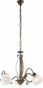 Kuty żyrandol z lakierowanego na brązowo żelaza z dekoracją w kolorze starego złota i szklanymi kloszami d. 13 białego alabastru 3 światła 103 Ø51