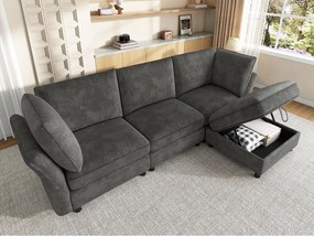 Modułowa sofa narożna 4-osobowa z pufą ze schowkiem, sofa „Efekt Chmury” z miękkiej szenili, ergonomiczny design z 2 poduszkami - szary