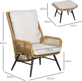 Outsunny Fotel ogrodowy i podnóżek z polirattanem, regulowane oparcie, jasny brąz/szary/czarny