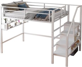 Łóżko mezzanine 140x200 cm z metalu - z półką i drabiną do przechowywania - Białe