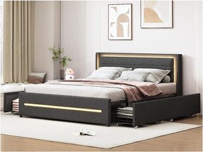 Łóżko podwójne tapicerowane 140x200cm z lnu - z 4 szufladami i oświetleniem LED - z stelażem na listwy - Szare