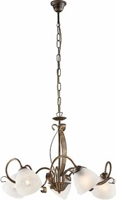 Kuty żyrandol z lakierowanego na brązowo żelaza z dekoracją w kolorze starego złota i szklanymi kloszami śr. 13 białego alabastru 5 świateł 105 Ø64