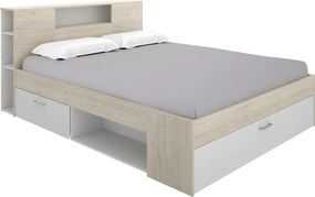 Łóżko z zagłówkiem, schowkami i szufladą - 180 x 200 cm - Naturalny i biały - LEANDRE