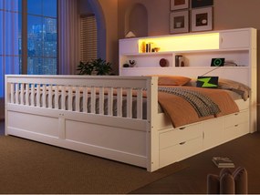 Łóżko małżeńskie 180x200 cm - Z 4 szufladami - Wezgłowie z miejscem do przechowywania - Oświetlenie LED i port USB - MDF - Biały​ (bez materaca)