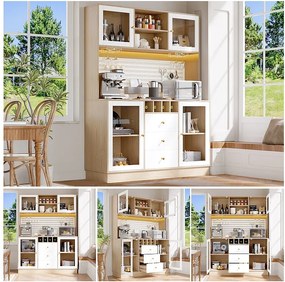 Nowoczesna komoda kuchenna - 140 x 40 x 185,7 cm - z 4 drzwiami szklanymi + 3 szufladami + półkami + diodami LED - MDF + szkło - biała