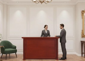 Elegancka lada recepcyjna Simposio fornirowana do recepcji, wymiary lady 180x50x110 cm. Lada recepcyjna w kolorze koniaku, ma klasyczne wykończenie. Sprawdzi się w stylowym biurze, recepcji lub hallu.