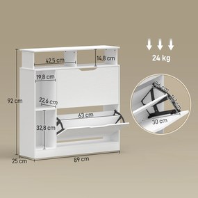 HOMCOM Szafka na buty z 2 klapami, uchylna szafka z regulowanymi przegrodami, otwartą półką na 12 par butów 89 x 25 x 92 cm biała | Aosom PL