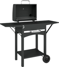 Outsunny Grill węglowy z pokrywą, BBQ Smoker z 2 bocznymi stolikami, dużą powierzchnią grillową, rusztem, termometrem i kółkami | Aosom PL