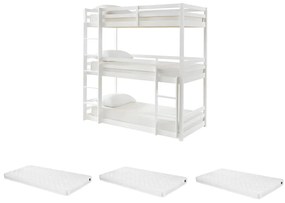 Potrójne łóżko piętrowe - 3 x 90 x 200 cm - Sosna - Białe + materac - VAGAR