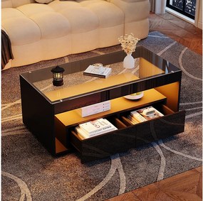 Nowoczesny stolik kawowy - 100 x 50 x 40 cm - z diodami LED + 2 duże szuflady - Płyta wiórowa + szkło hartowane - czarny
