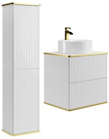 Podwieszana szafka łazienkowa prążkowana z okrągłą umywalką nablatową i słupkiem - Biały - 60 cm - KELIZA