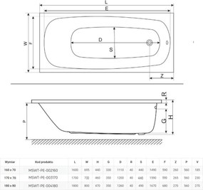 Wanna prostokątna antypoślizgowa SAFE STEPS prostokątna akrylowa 150 x 70 cm biała PERSO MASSI
