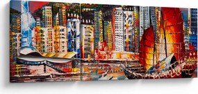 Obraz - Victoria Harbor, Hong Kong, obraz olejny (z zegarem) (90x30 cm)