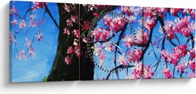 Obraz malowanego kwiatu wiśni (z zegarem) (90x30 cm)