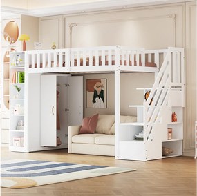 Łóżko piętrowe dla dzieci - 90 x 200 cm - z półkami + szafa + drabinka - drewno - białe