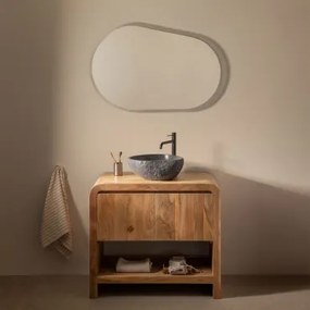 Zestaw Mebli Łazienkowych Z Drewna Vacry Akacja Brąz & Owalna Lampa Led I Przeciwmgielna 100x80 Cm Riben & Czarny Matowy ↑30 Cm Z Zaworem Spustowym Be
