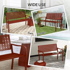 Outsunny Ławka zewnętrzna, ogrodowa z Stali, Wycinane Oparcie, Podłokietniki, dla 2 Osób, Czerwona