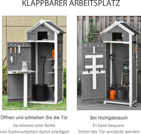 Outsunny Domek narzędziowy z drzwiami dachem szopa na narzędzia składany stół kolor szary drewno jodłowe