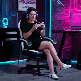 HOMCOM Fotel Gamingowy z Podnóżkiem, Fotel komputerowy z Poduszką i Książeczką, Skórzany Pokrowiec, Obrotowy, Wysokość Regulowana, Metal, Plastik, Czarny+Biały