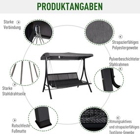 Outsunny Huśtawka Ogrodowa 3-osobowa, w zestawie z poduszkami, odporna na warunki atmosferyczne, 200 cm x 115 cm x 168 cm, Szara