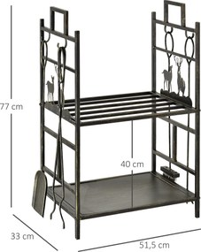 Stojak na drewno kominkowe Outsunny z zestawem narzędzi kominkowych, regał na drewno kominkowe, żelazo, złote, 51,5x33x77 cm