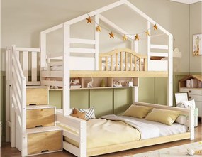 Łóżko piętrowe 90x200 cm + 140x200 cm - design domku - z drabinką z miejscem do przechowywania i półkami - lite drewno + MDF - biały + naturalny (bez materaca)