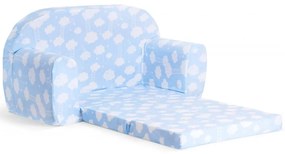 Mini sofka dla dzieci, piankowa 77x35cm rozkładana - błękitny w białe chmurki z drabinką