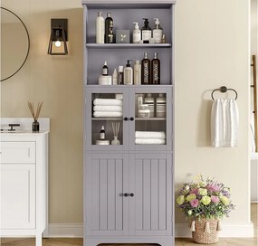 Meble łazienkowe 57,4×28,5×160 cm - 4 drzwi - 2 otwarte przegródki - regulowane półki - szary