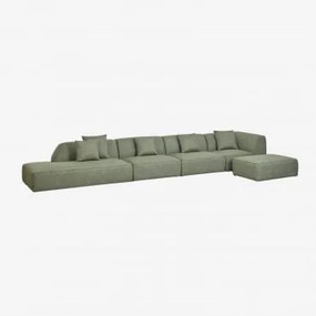 Sofa Narożna Modułowa Cardea 4-częściowa Z Leżanką Po Lewej Stronie I Tapicerowanym Pufem Bouclé Salvia Zieleń - Sklum