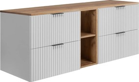 Szafka łazienkowa ryflowana FLOW 140 cm biała z regałem i blatem dąb craft złoty