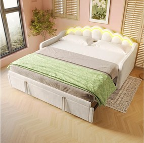 Łóżko wysuwane 90 x 200 cm – sofa rozkładana z oświetleniem LED i podłokietnikami – beżowy aksamit – bez materaca