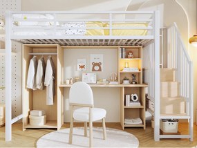 Łóżko na antresoli 90 x 200 cm - Konstrukcja stalowa - z miejscem do przechowywania - z szafą + biurkiem - Biały​ (materac nie jest wliczony w cenę)