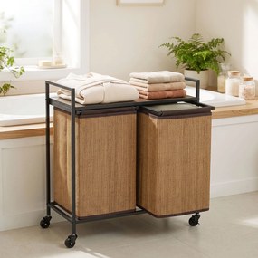 HOMCOM Kosz na pranie bambus 2 komory 120 l, pojemnik z półką, worek na pranie, na kółkach 73x33x78 cm, Brązowy | Aosom PL