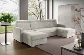 Narożnik z funkcją spania i regulowanymi zagłówkami z pojemnikiem na pościel Mako U sztruks