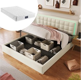 Łóżko z pojemnikiem 160x200 cm - Łóżko dla dorosłych z podświetlanym zagłówkiem LED - skóra biała - materac w komplecie