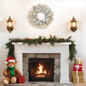 HOMCOM Wieniec świąteczny z lampkami LED, szyszki, wieniec na drzwi, Zielony+Biały, Ø60 x 8 cm | Aosom PL