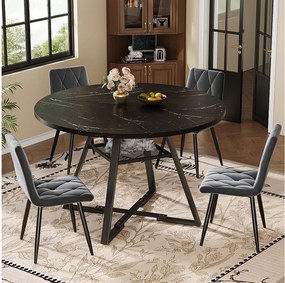 Okrągły stół jadalny - 120 x 120 x 75 cm - stół śniadaniowy z czarnymi nogami - imitacja marmuru - płyta MDF + metal - czarny