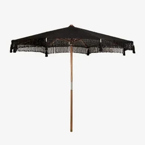 Parasol Z Drewna Tekowego I Bawełny Tongariki Ø300 Cm & Czarna Makrama - Sklum
