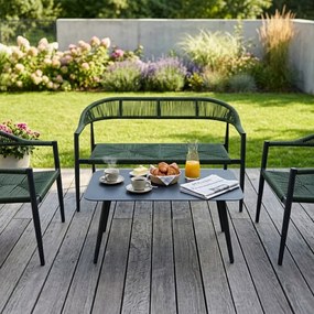 Zestaw mebli ogrodowych ciemnozielony, szara rama, ławka, 2 krzesła, stolik