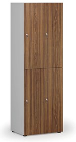 Drewniana szafka skrytkowa S4, 4 schowki, demontaż, zamek cylindryczny, szary/orzech