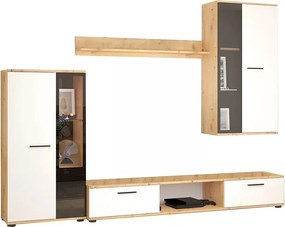 Nowoczesna meblościanka z witryną biały + dąb artisan F8-N71
