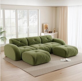 Kanapa Narożna Modułowa 3-osobowa z 2 Pufami z Chenille, Design Minimalistyczny bez Ramy, Głębokie i Elastyczne Siedzenie - Zielony