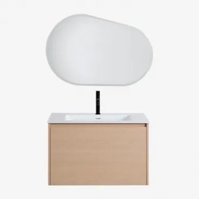 Zestaw Mebli Łazienkowych Z Drewna Z Wbudowaną Umywalką Jacob Naturalna & Owalna Lampa Led I Przeciwmgielna 100x80 Cm Meunier - Sklum