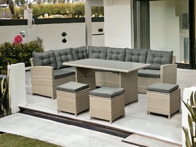 Narożnik ogrodowy ze stołem i pufami Mexico 019 jasny beż, poduszki szare